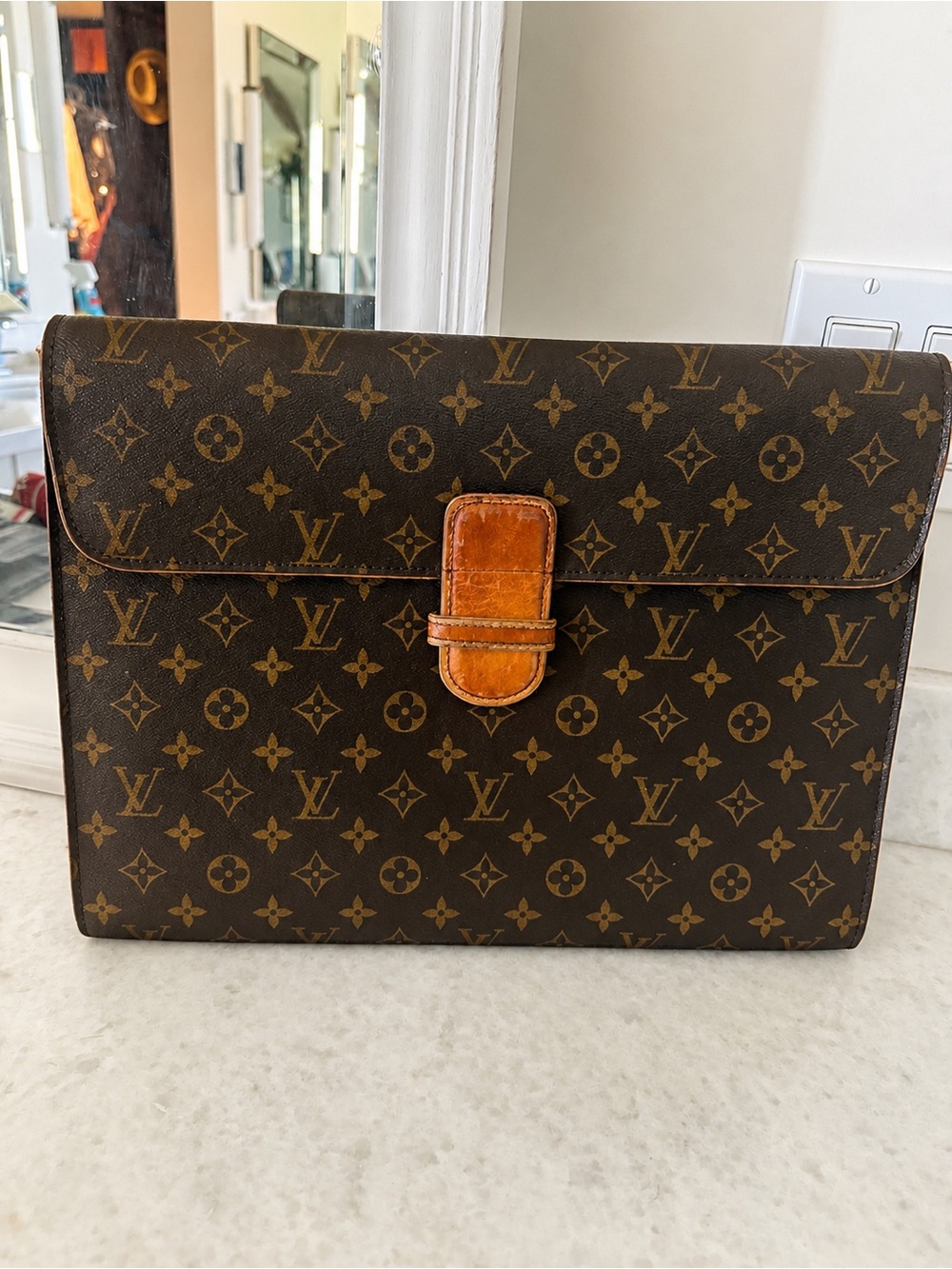 Louis Vuitton Monogram Canvas Men's Briefcase with Tan Leather Tab